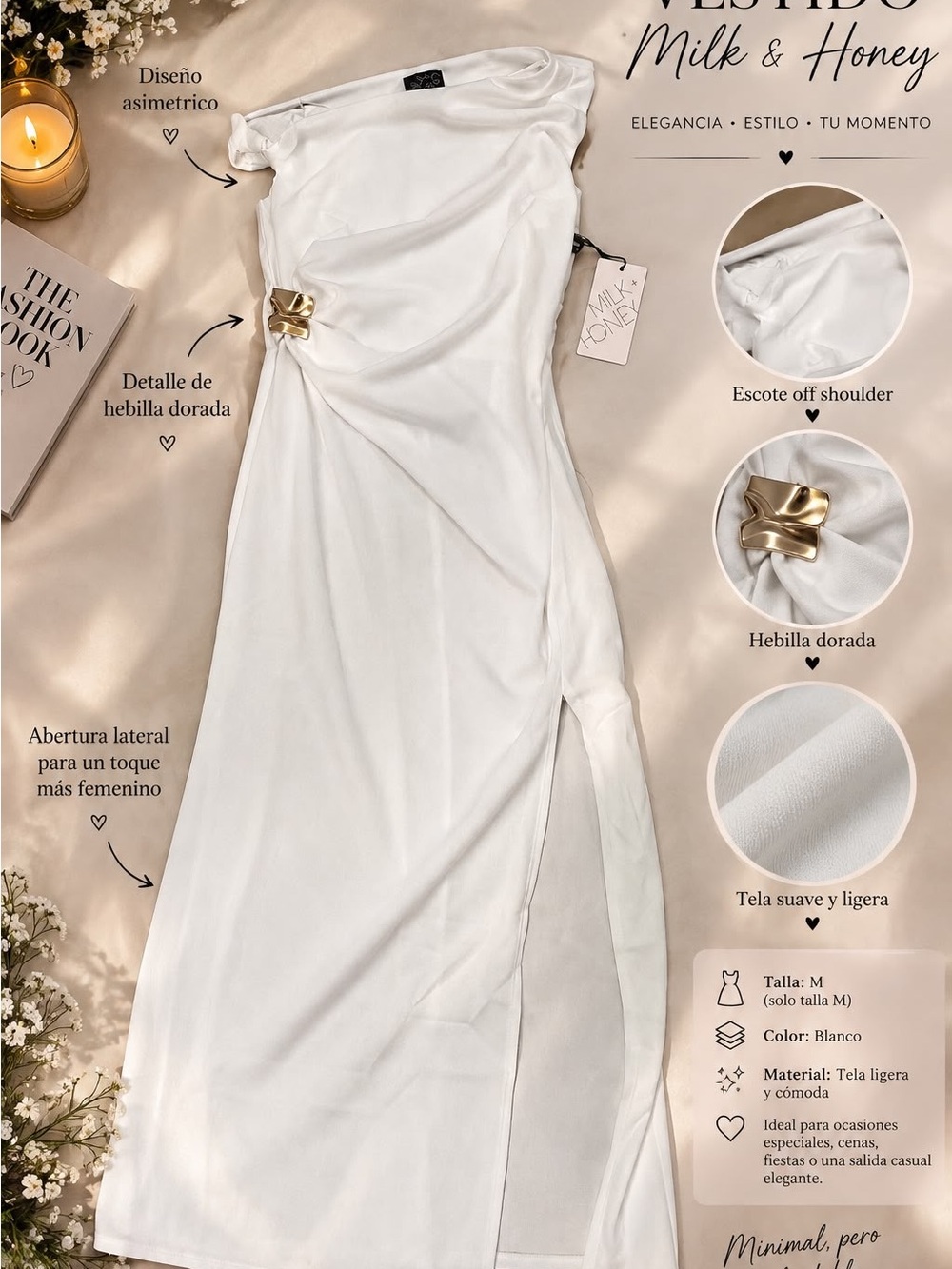 Milk & Honey Asymmetrical Off-Shoulder White Dress with Gold Buckle